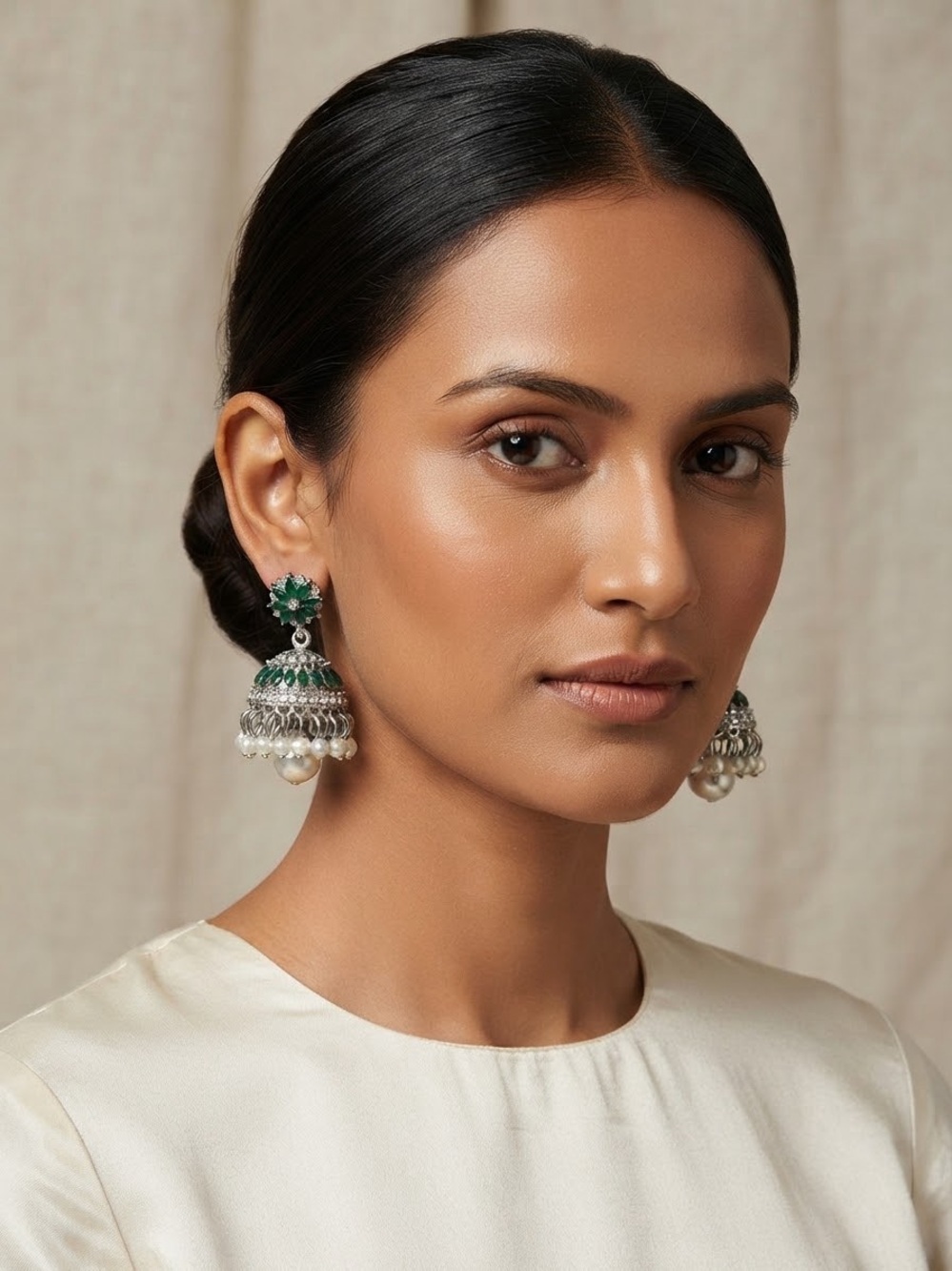 Green and Silver Jhumka Earrings with Pearl Drops